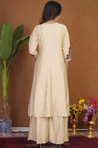 Cream roman silk anarkali kurti pant dupatta set