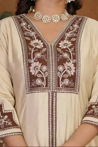 Cream roman silk anarkali kurti pant dupatta set