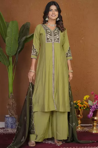 Pista roman silk anarkali kurti pant dupatta set