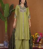 Pista roman silk anarkali kurti pant dupatta set