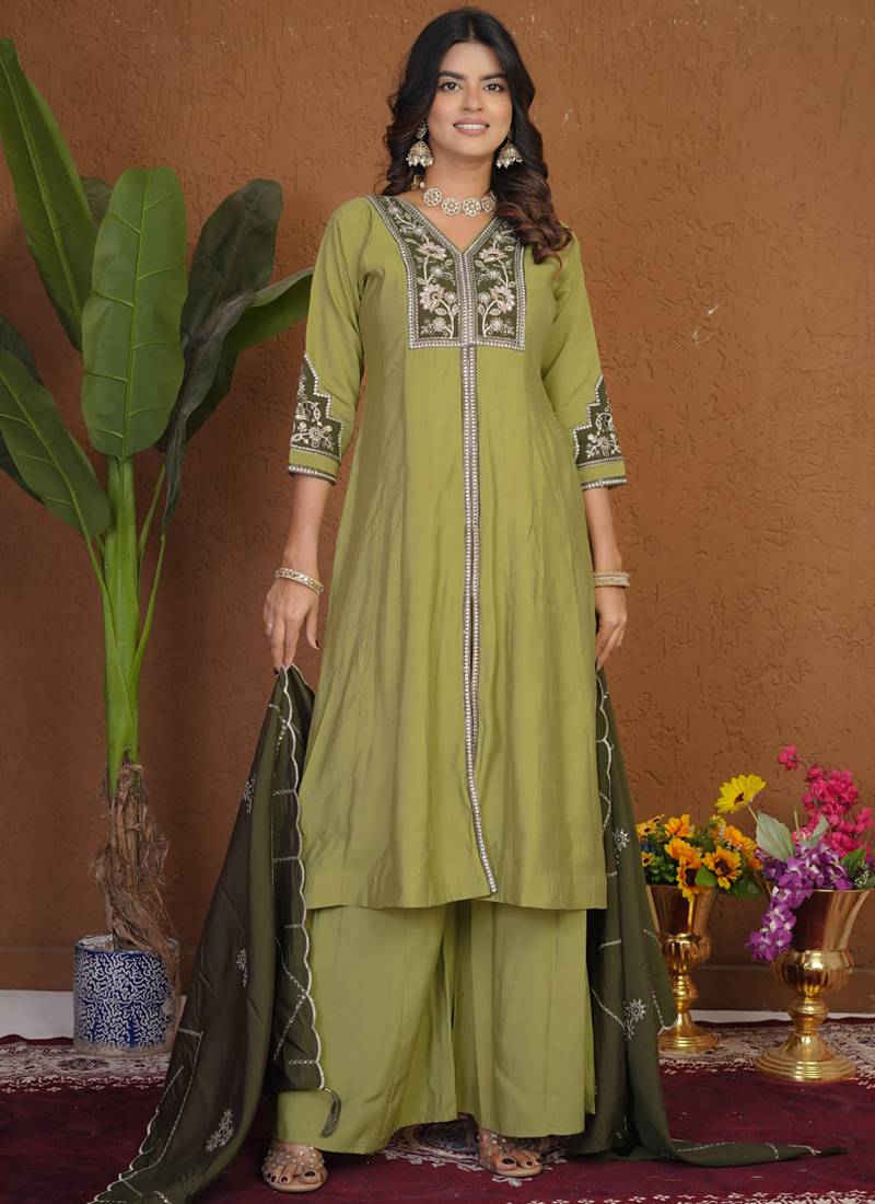 Pista roman silk anarkali kurti pant dupatta set