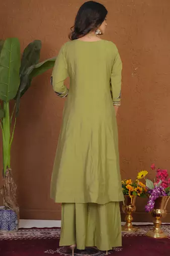 Pista roman silk anarkali kurti pant dupatta set