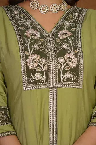 Pista roman silk anarkali kurti pant dupatta set