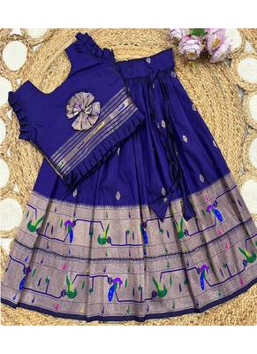 navyblue soft silk paithani design pattu pavadai for girls ethnic wear 3
