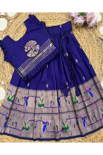 navyblue soft silk paithani design pattu pavadai for girls ethnic wear