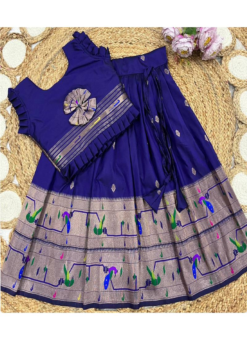 navyblue soft silk paithani design pattu pavadai for girls ethnic wear