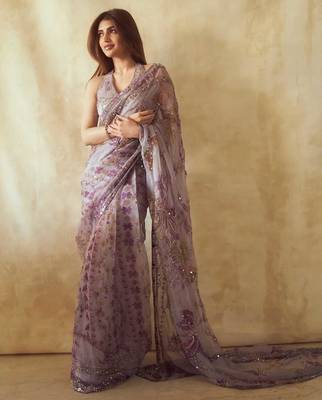 Purple Floral Printed Design with Sequance work saree with blouse 1