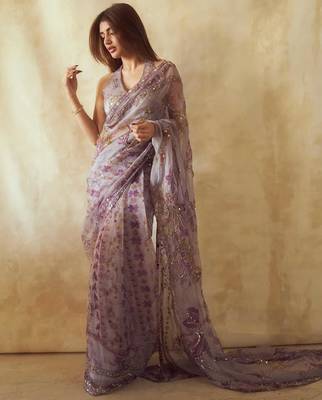 Purple Floral Printed Design with Sequance work saree with blouse 2