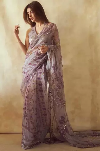 Purple Floral Printed Design with Sequance work saree with blouse