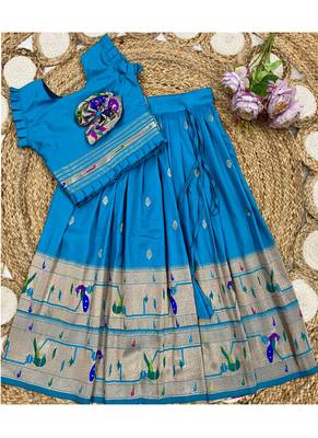 firozi soft silk paithani design pattu pavadai for girls ethnic wear 3