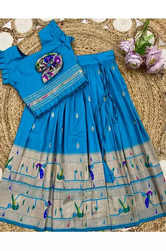 firozi soft silk paithani design pattu pavadai for girls ethnic wear