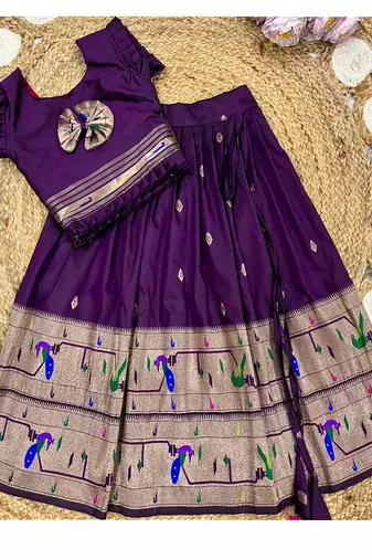 wine soft silk paithani design pattu pavadai for girls ethnic wear