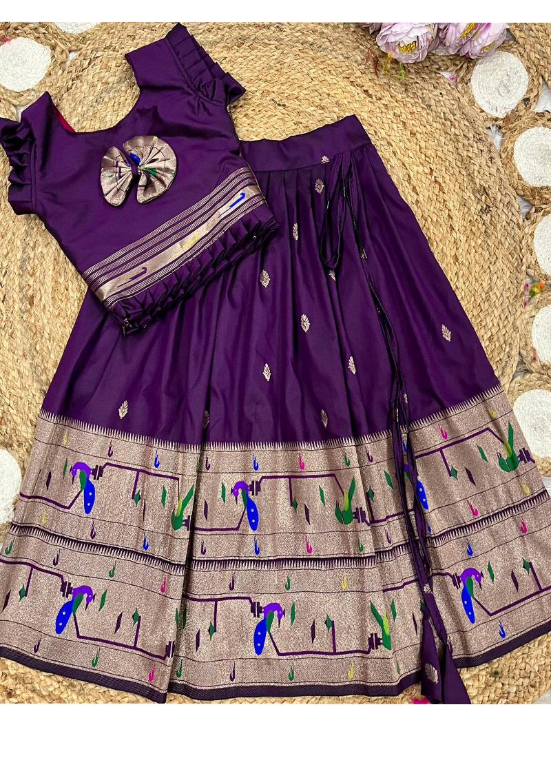 wine soft silk paithani design pattu pavadai for girls ethnic wear