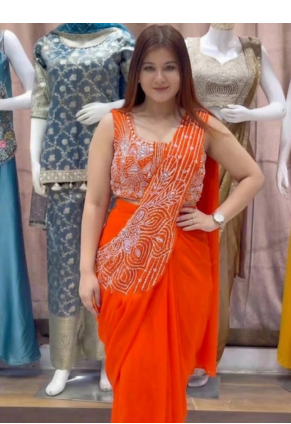 orange embroidery sequin georgette ready made saree 1