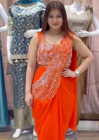 orange embroidery sequin georgette ready to wear saree