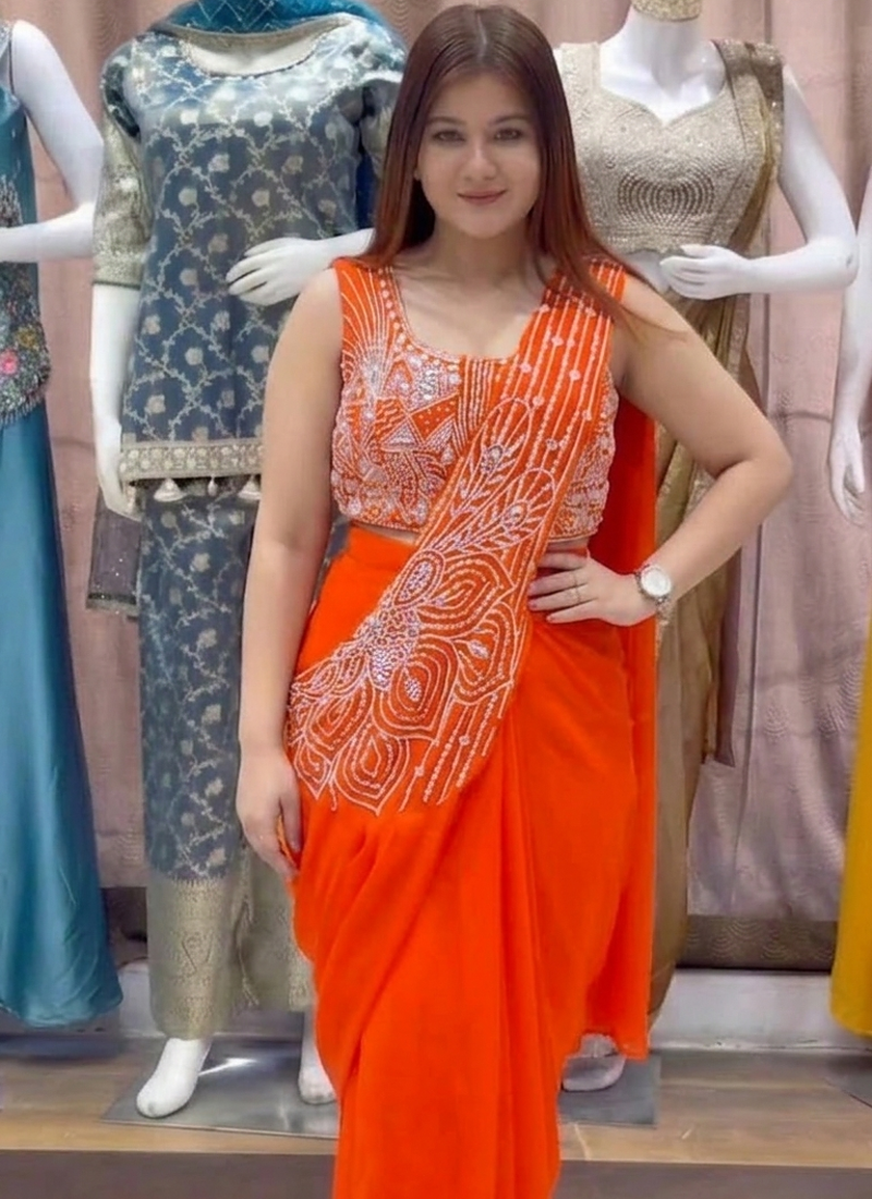 orange embroidery sequin georgette ready to wear saree