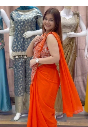 orange embroidery sequin georgette ready made saree 2
