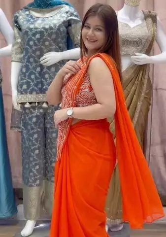 orange embroidery sequin georgette ready made saree