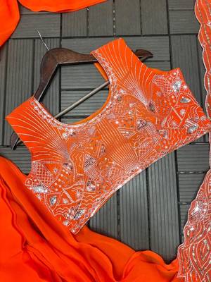 orange embroidery sequin georgette ready made saree 3