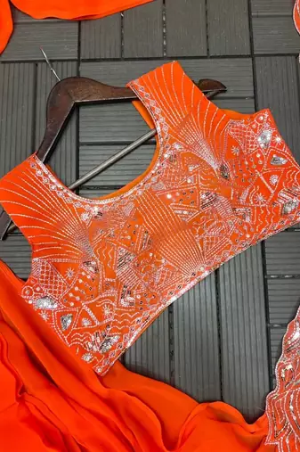 orange embroidery sequin georgette ready made saree