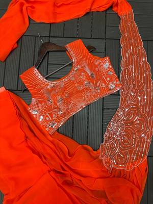 orange embroidery sequin georgette ready made saree 4