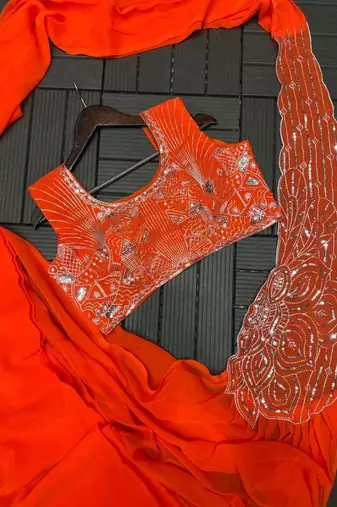 orange embroidery sequin georgette ready made saree