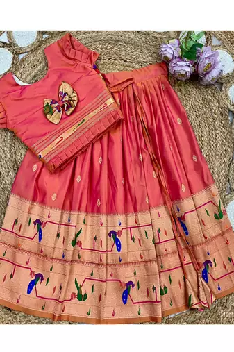coral soft silk paithani design pattu pavadai for girls ethnic wear