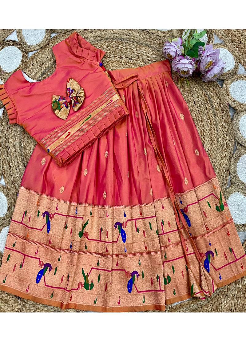 coral soft silk paithani design pattu pavadai for girls ethnic wear