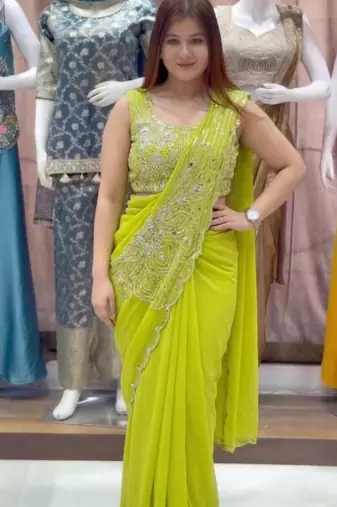 parrot green embroidery sequin georgette ready to wear saree