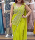 parrot green embroidery sequin georgette ready to wear saree