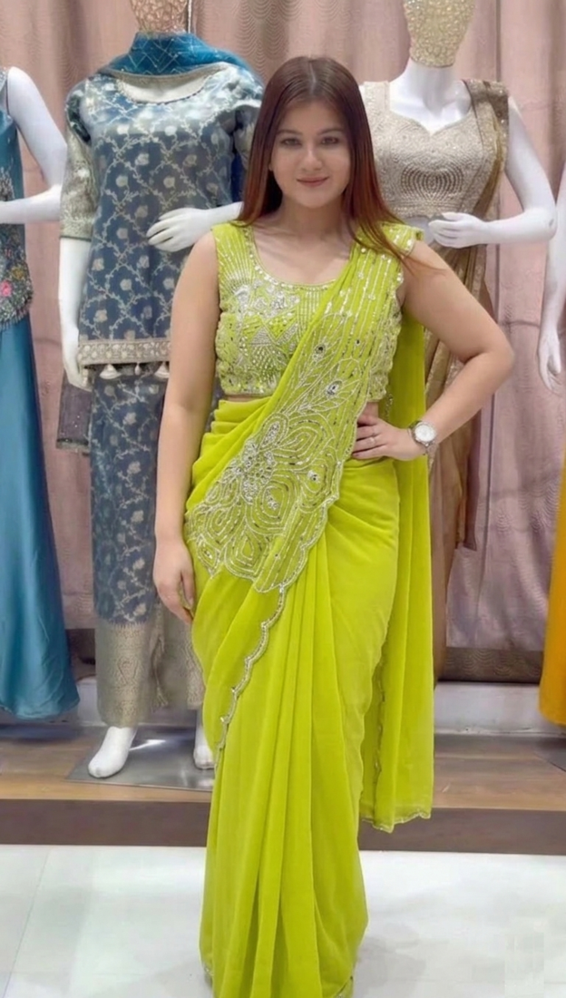 parrot green embroidery sequin georgette ready to wear saree