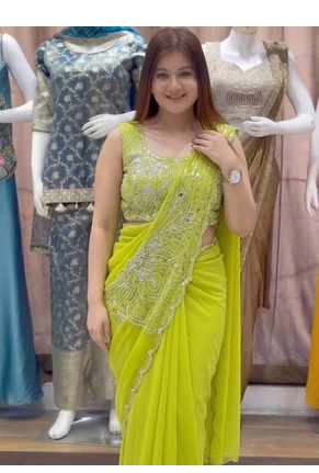 parrot green embroidery sequin georgette pre-stitched saree 2