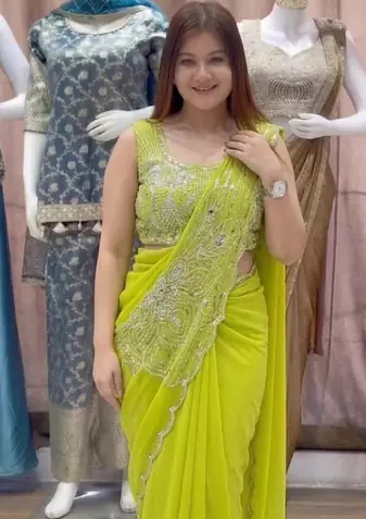 parrot green embroidery sequin georgette pre-stitched saree