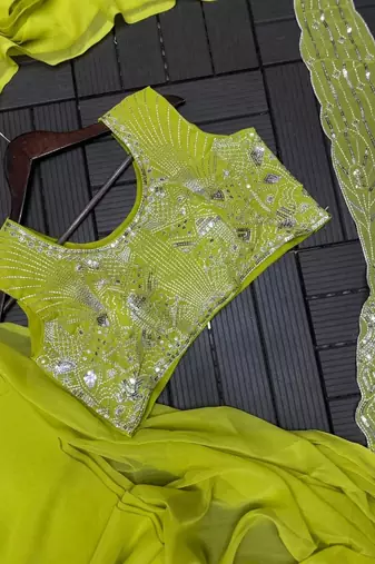 parrot green embroidery sequin georgette pre-stitched saree