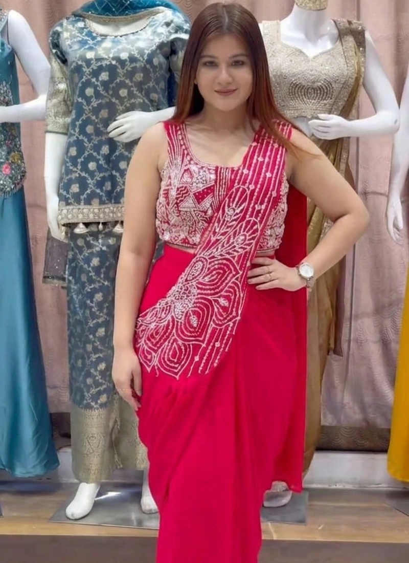 rani pink embroidery sequin georgette ready to wear saree