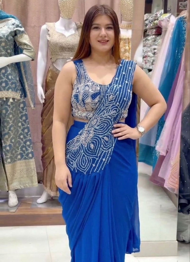royal blue embroidery sequin georgette ready to wear saree