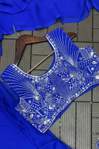 royal blue embroidery sequin georgette pre draped saree