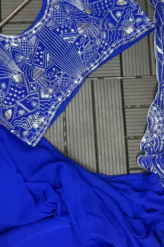 royal blue embroidery sequin georgette pre draped saree
