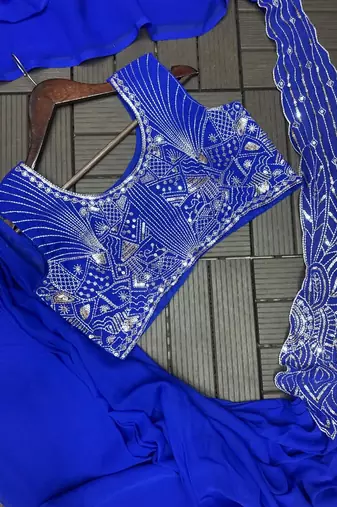royal blue embroidery sequin georgette pre draped saree