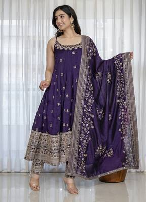 Purple vichitra silk party wear embroidery suit set 6