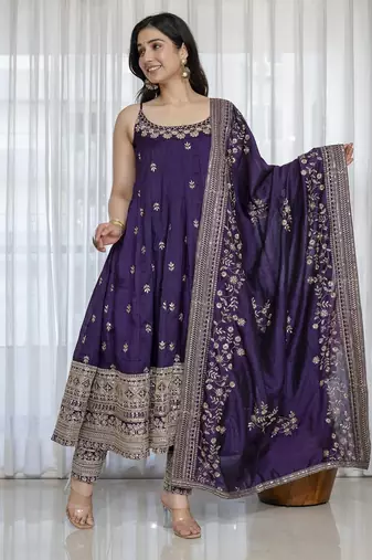 Purple vichitra silk party wear embroidery suit set