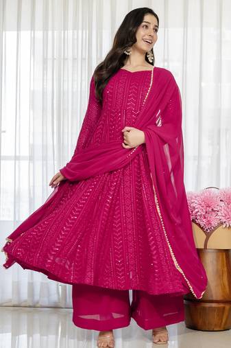Rani pink blooming silk blend embroidered sharara suit set
