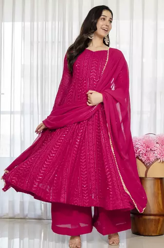 Rani pink blooming silk party wear embroidery sharara suit set