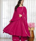 Rani pink blooming silk party wear embroidery sharara suit set