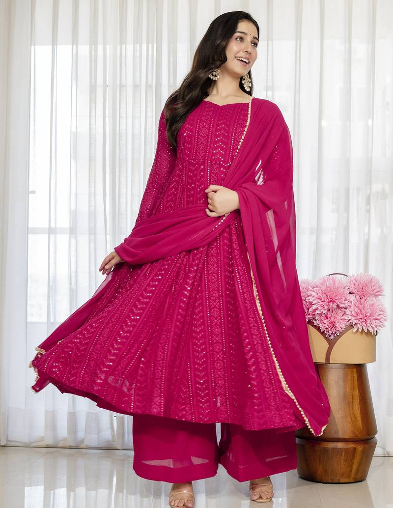 Rani pink blooming silk party wear embroidery sharara suit set