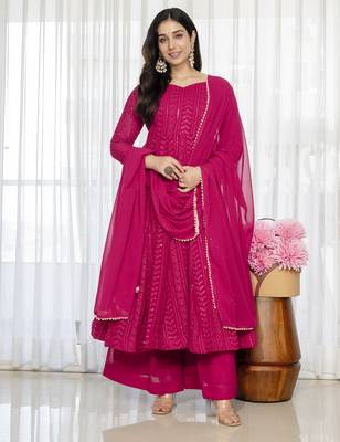 Rani pink blooming silk party wear embroidery sharara suit set 4