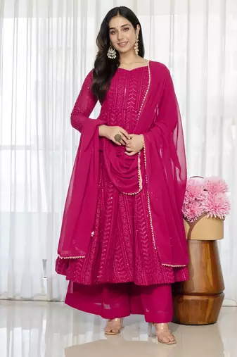 Rani pink blooming silk party wear embroidery sharara suit set