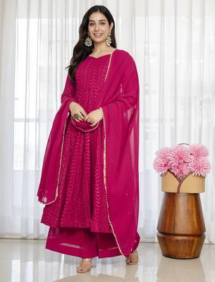 Rani pink blooming silk party wear embroidery sharara suit set 5