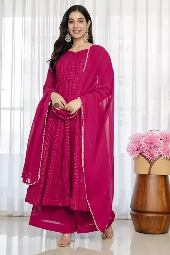 Rani pink blooming silk party wear embroidery sharara suit set