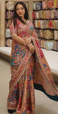 Multicolor Chinon silk blend Saree With Mirror Work 1